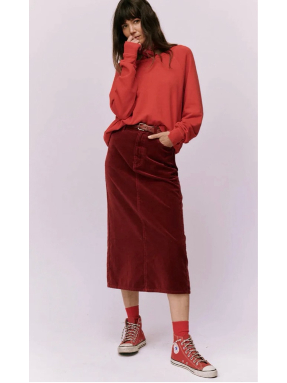 [THE GREAT] THE VELVET COLUMN SKIRT - BORDEAUX Red Women’s Size 28